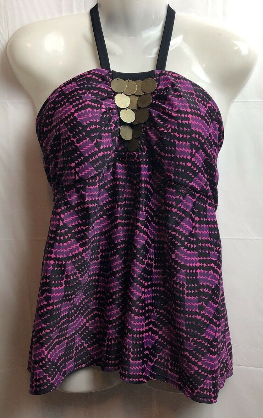 Liz Lange Maternity Tankini Top Women L Purple Geo Halter Embellish Padded Swim